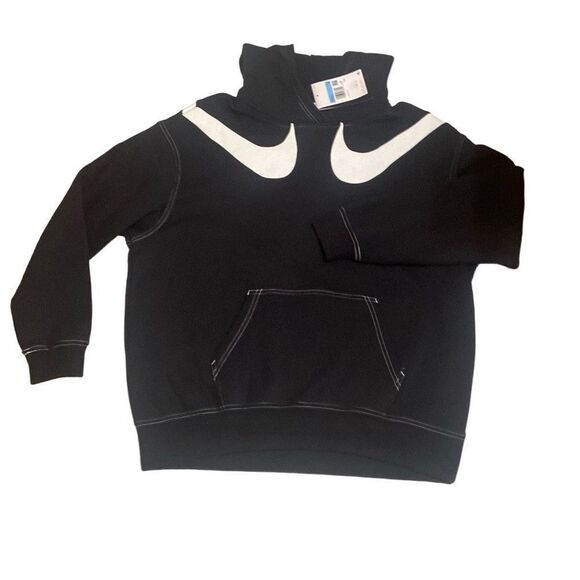 Nike Black White Double Swoosh Hoodie White Stitching Oversized Women Medium NWT - Picture 1 of 12
